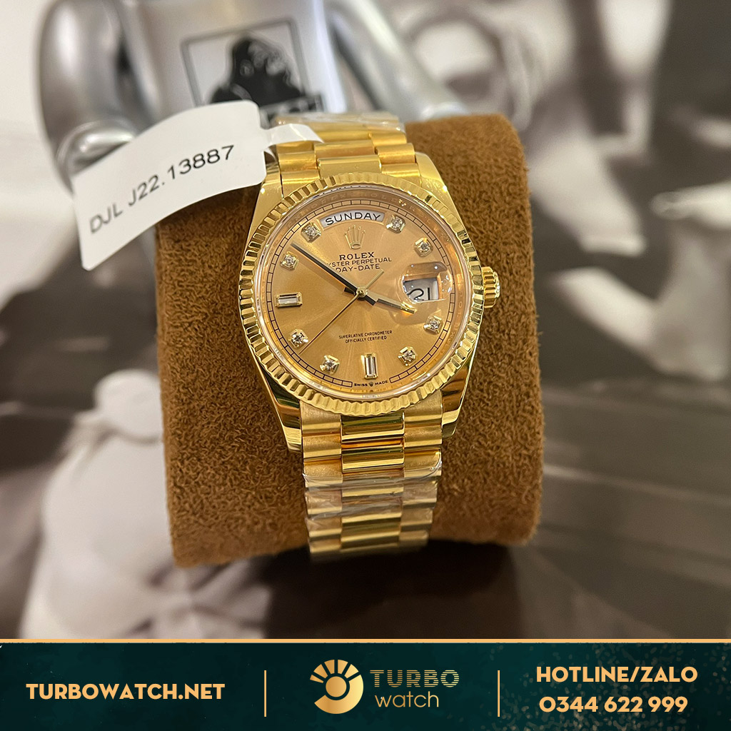 Rolex Day-Date 36 128348RBR Mặt Số Vàng Champagne Like Auth 