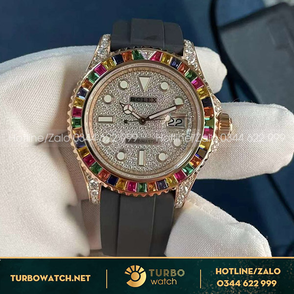 Rolex yacht master rainbow benzel diamond pave dial rose gold