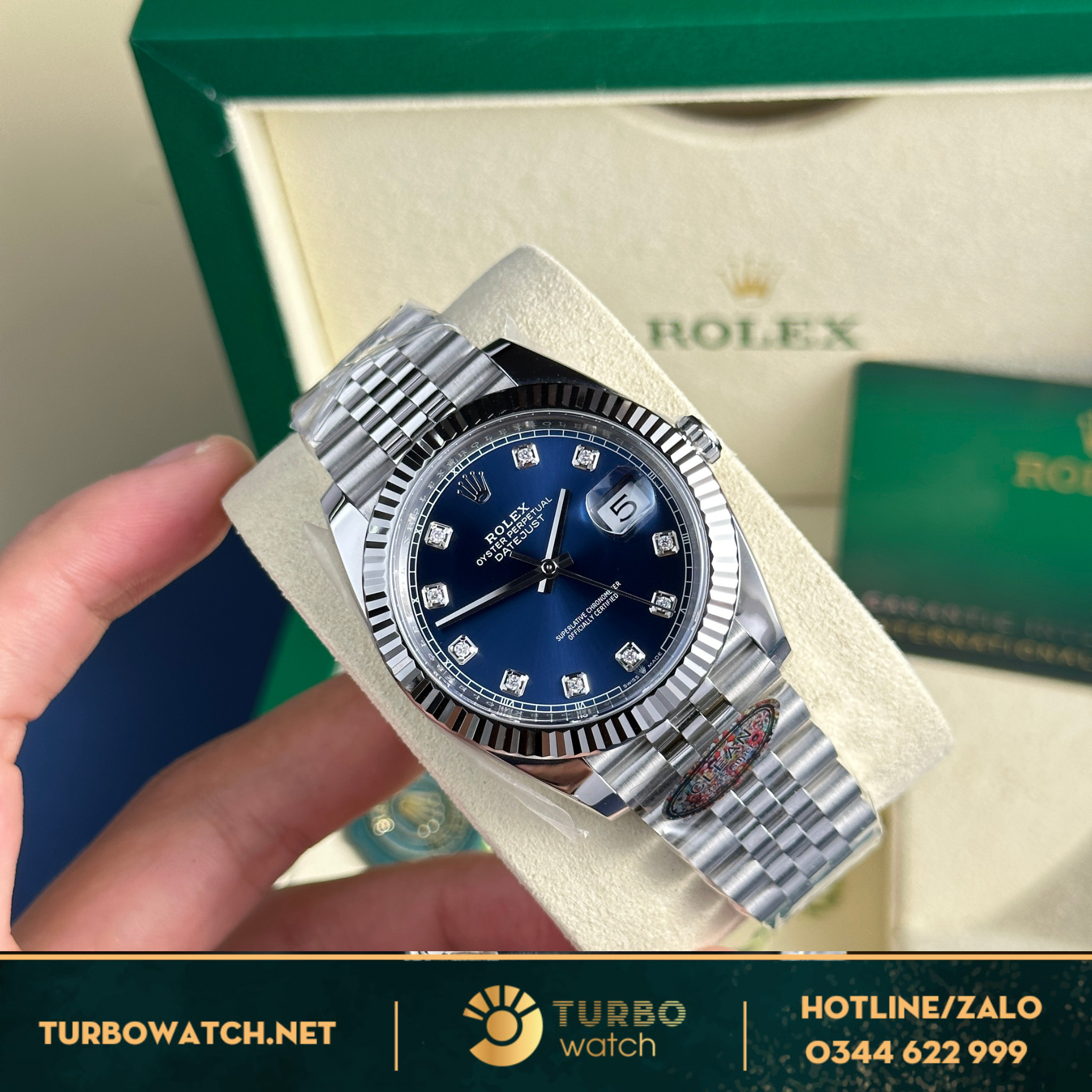 Đồng hồ Rolex Datejust 126334 mặt xanh dương cọc số hạt replica