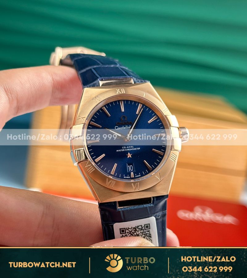 Đồng hồ Omega Constellation vàng hồng mặt xanh blue