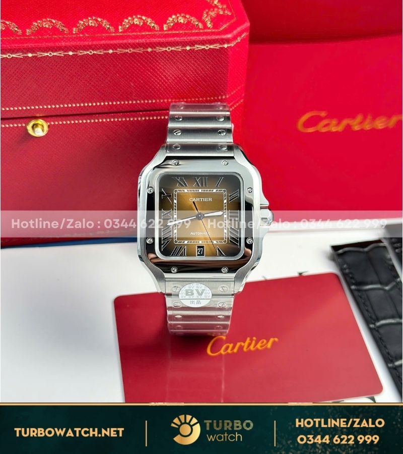 Đồng hồ Cartier Santos de Cartier new 2024 mặt số nâu chải tia sunray