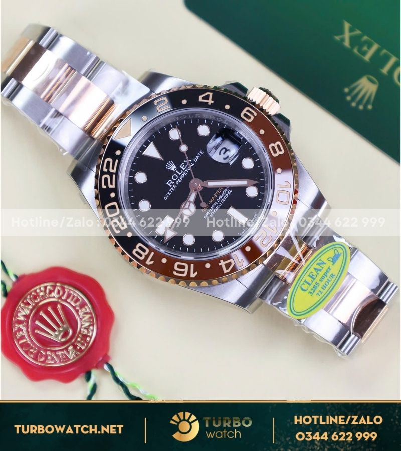 Đồng hồ GMT Rootbeer demi vàng hồng Cal 3285 replica