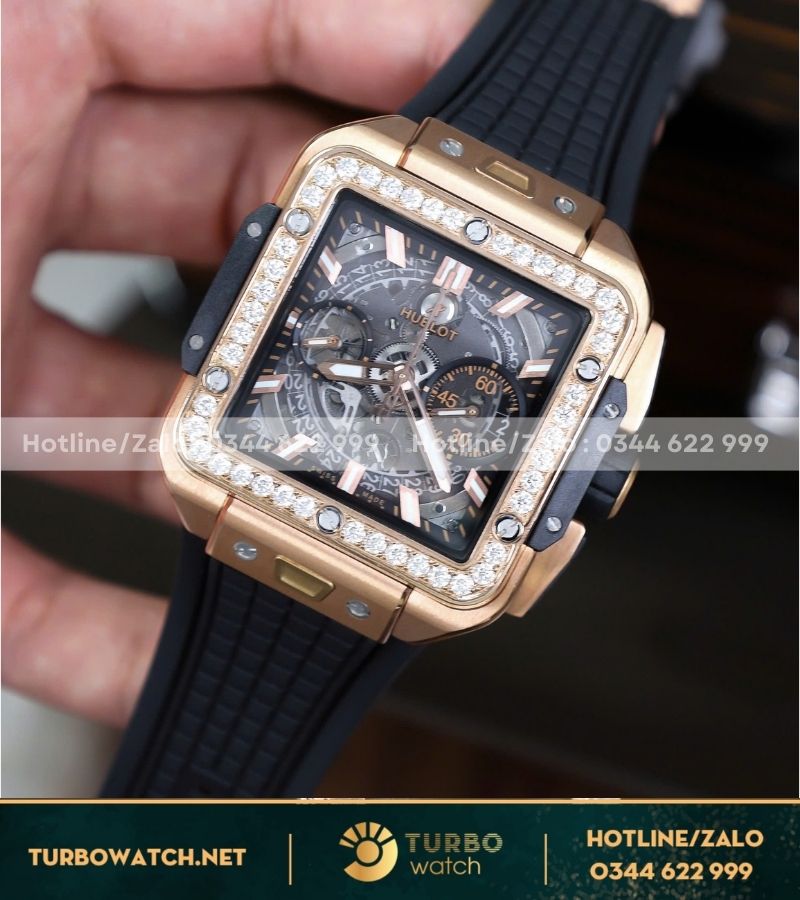 Đồng hồ HUBLOT SQUARE BANG UNICO KING GOLD độ viền moissanite