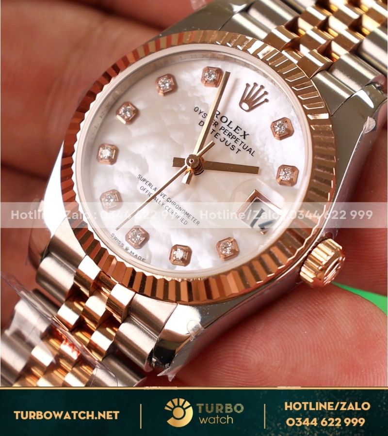 Đồng hồ Rolex Datejust 31mm bọc vàng GM up full option mặt MOP vân mây cọc số kim cương thiên nhiên