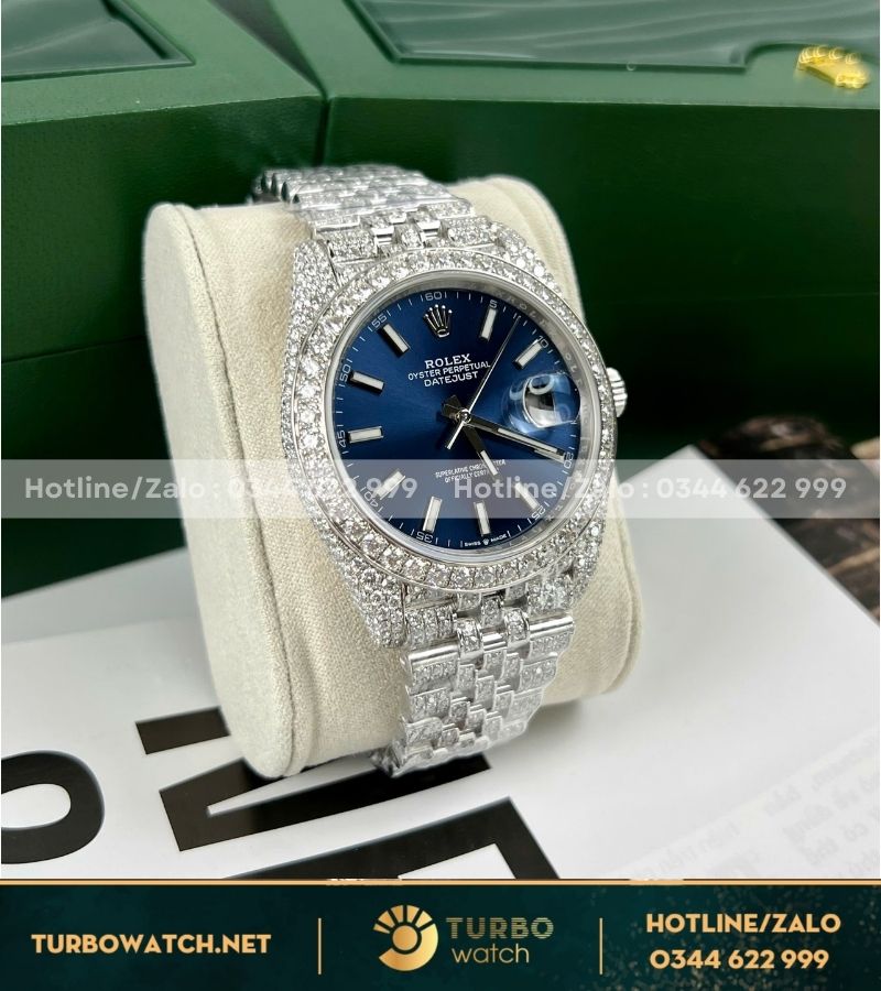 Đồng hồ Rolex Datejust 41mm blue dial custom full Moissanite replica