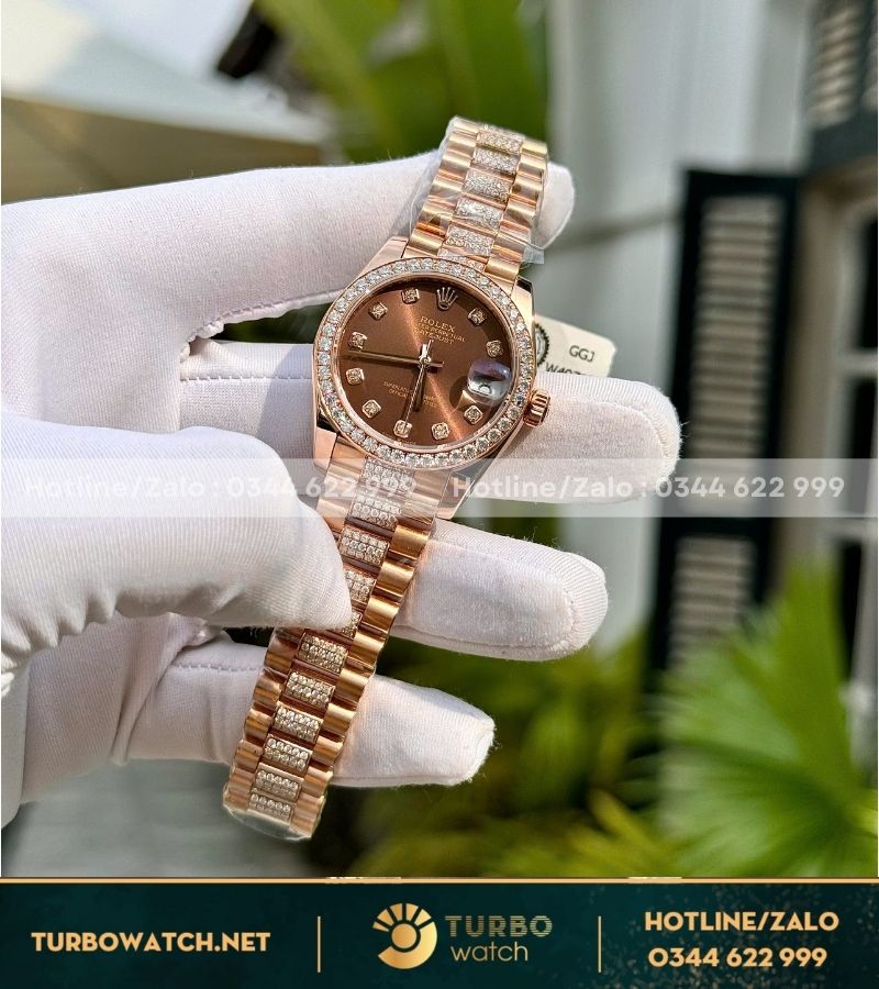 Đồng hồ Rolex Datejust nữ 31mm chocolate bọc vàng độ moissanite