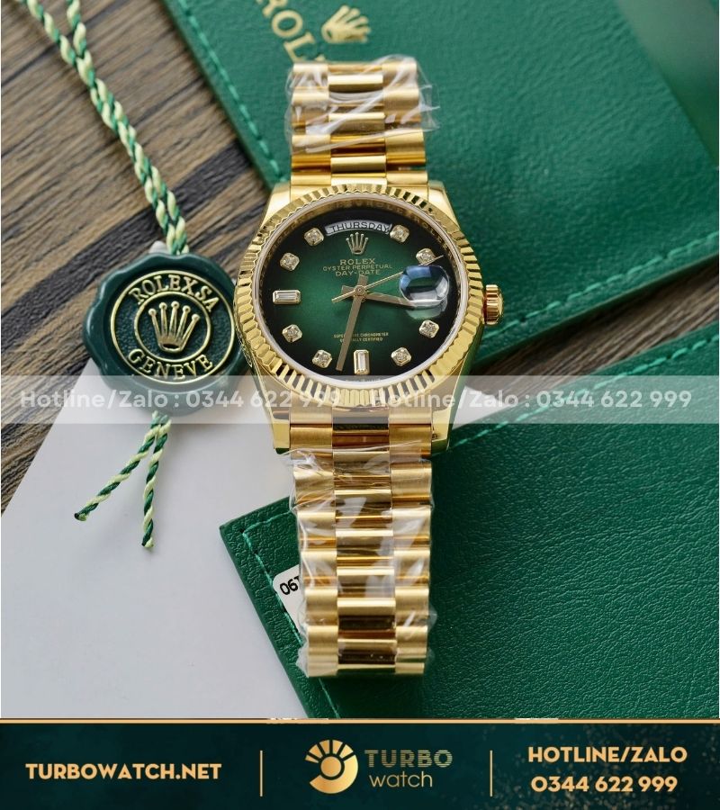 Đồng hồ Rolex Day-Date 36mm Green Diamond Dial 128238 bọc vàng 18k