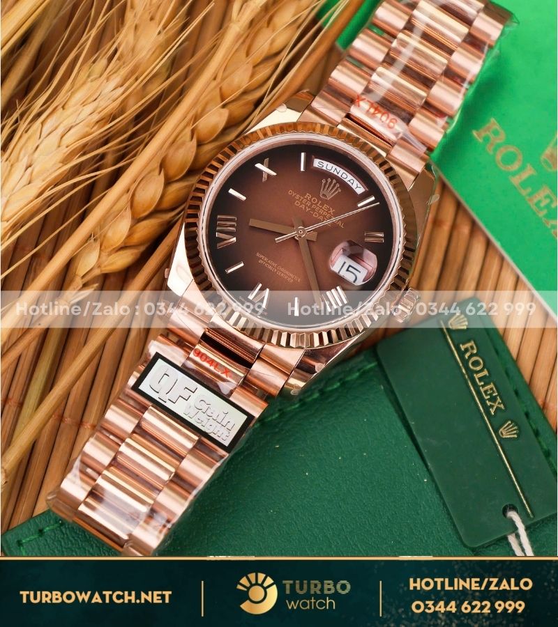 Đồng hồ Rolex Day-Date 36mm vàng hồng mặt nâu bản nặng 158g QF factory fake