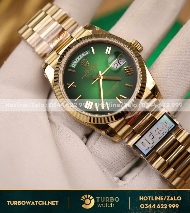 Đồng hồ Rolex Day-Date 36mm vàng hồng mặt xanh green bản nặng 158g QF factory fake