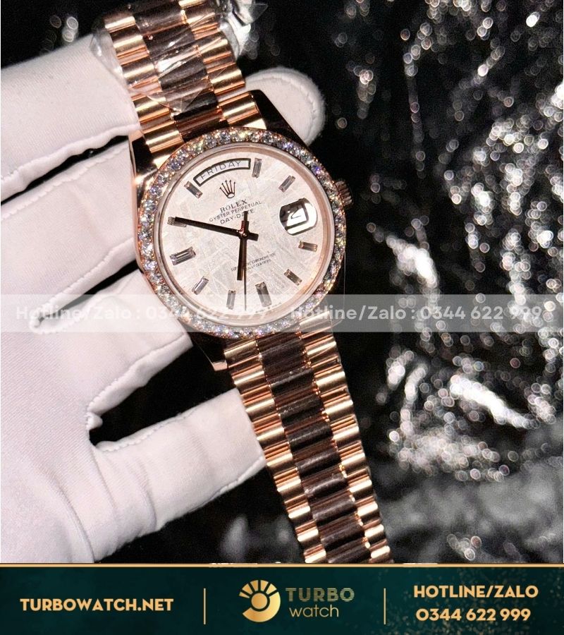 Đồng hồ Rolex Day-date 40 bọc vàng hồng mặt thiên thạch tinh chỉnh viền moissanite