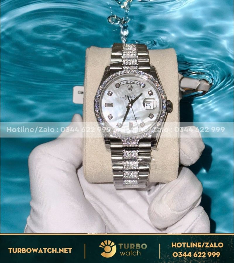 Đồng hồ Rolex Daydate 36 mặt mop tinh chỉnh độ kim cương