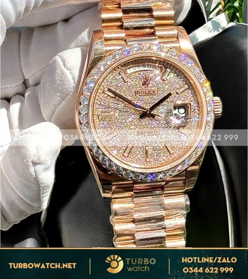 Đồng hồ Rolex Daydate 40 bọc vàng hồng độ moissanite