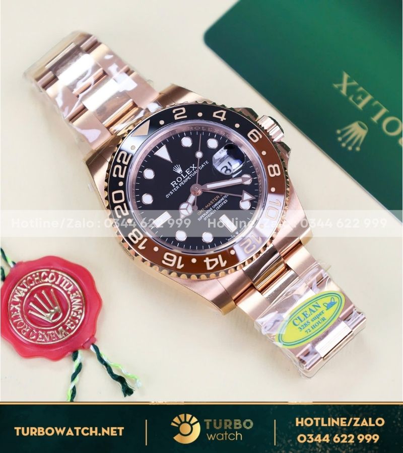 Đồng hồ Rolex GMT Rootbeer Clean Factory vàng hồng replica