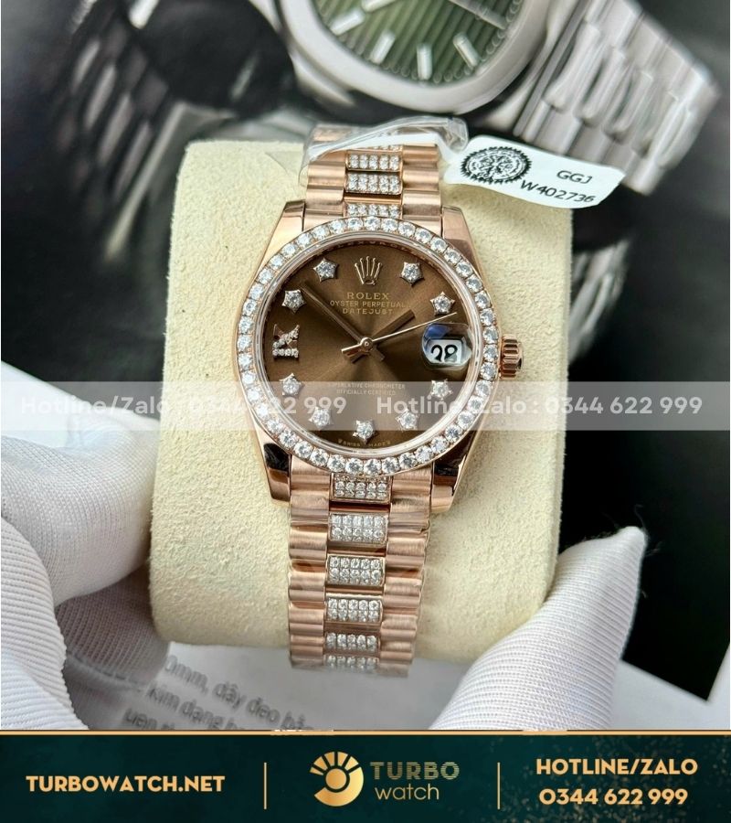 Rolex datejust bọc vàng full Moissanite mặt chocolate vỏ vàng hồng Fake