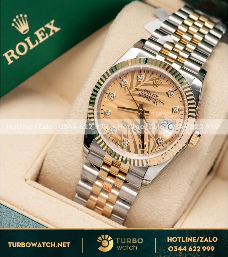 Rolex DateJust size 36MM 126233 Mặt Số Cây Lá Nhiệt Đới Vàng Champagne Demi Bọc Vàng 10K nhà máy GM Factory Rep 1:1