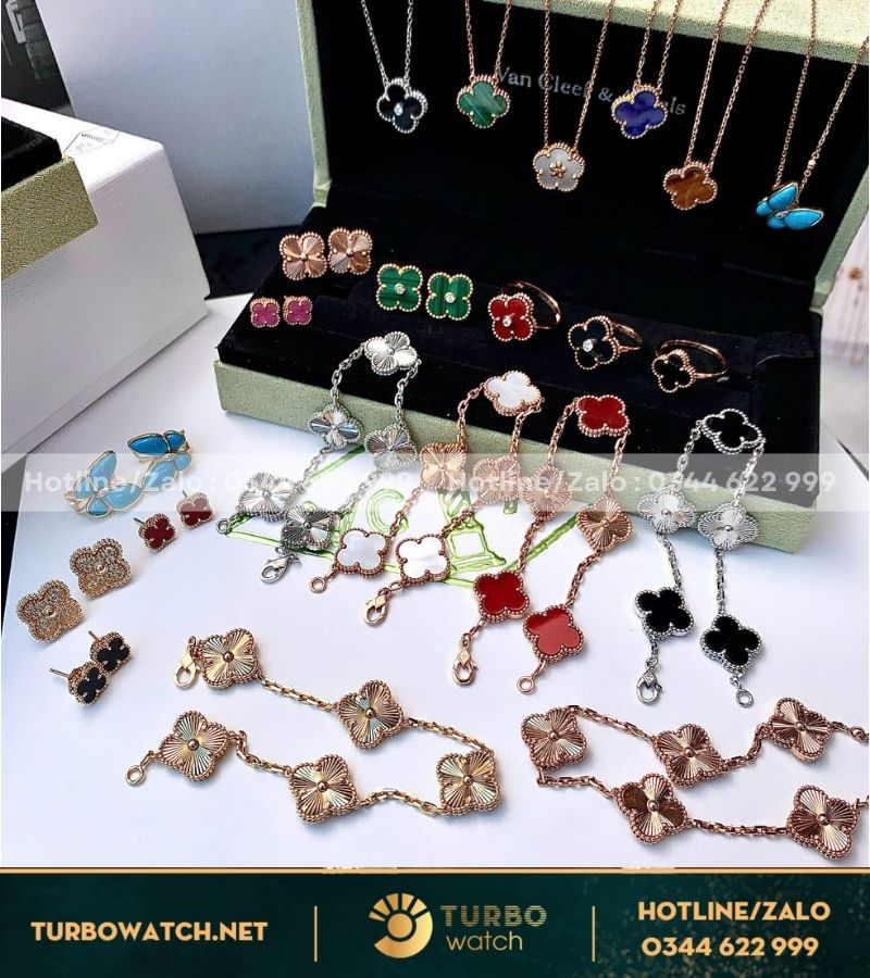 Combo trang sức Vancleef chế tác vàng 18k,đá tự nhiên