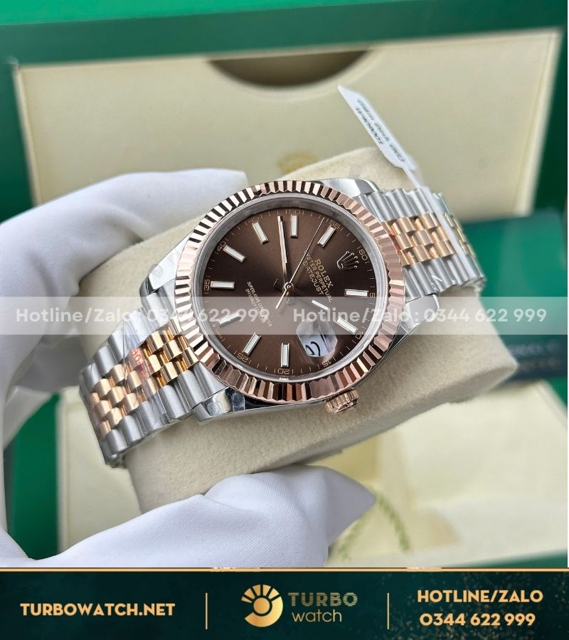 Đồng hồ rolex datejust 41 chocolate bọc vàng cọc số dạng quang