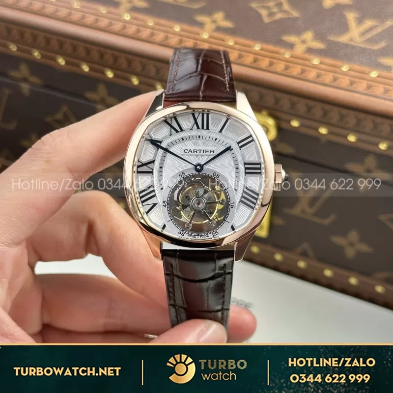 Đồng Hồ Cartier Drive Tourbillon Replica 11 Mặt Số Vân Guiloche Dây Da 41mm