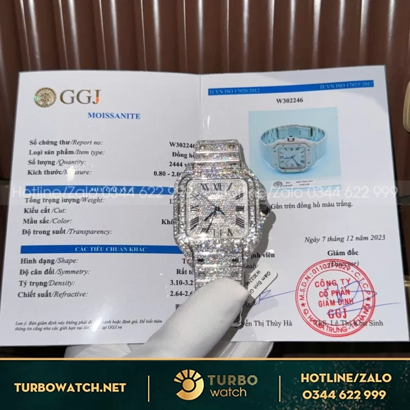 Đồng Hồ Cartier Santos Cọc Số Ả Rập Chế Tác Đính Full Kim Cương Moissanite Hong Kong 39.8mm