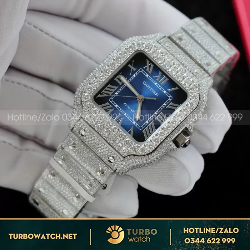 Đồng Hồ Cartier Santos Đính Full Kim Cương Moissanite Mặt Xanh 35.5mm