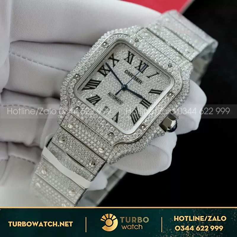 Đồng Hồ Chế Tác Cartier Santos Đính Full Kim Cương Moissanite Hong Kong 35.5 - 39.8mm