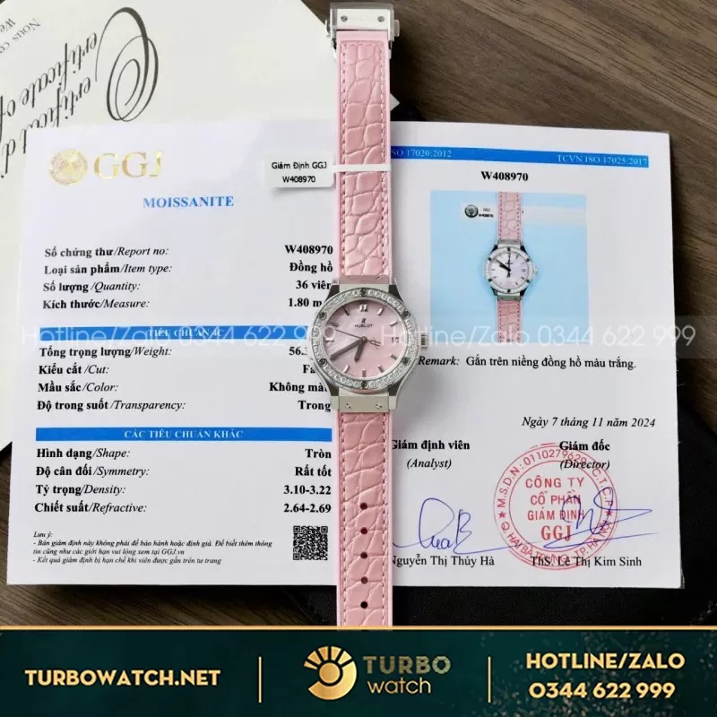 Đồng Hồ Nữ Hublot Classic Fusion Mặt Khảm Xà Cừ Màu Hồng Viền Đính Kim Cương Moissanite 33mm