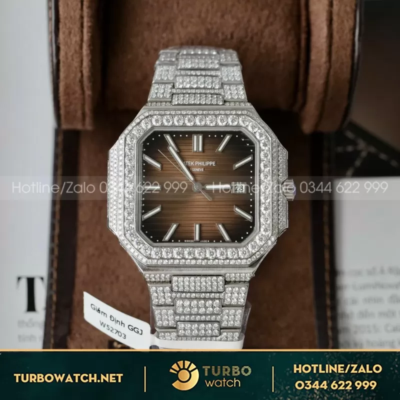 Đồng Hồ Patek Philippe Cubitus 5821 Mặt Nâu Đính Full Kim Cương Moissanite Hong Kong 45mm