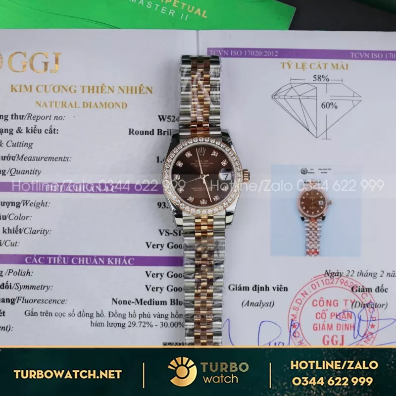 Đồng Hồ Rolex DateJust Nữ Mặt Khảm Xà Cừ Chế Tác Bọc Vàng Đính Moissanite 31mm