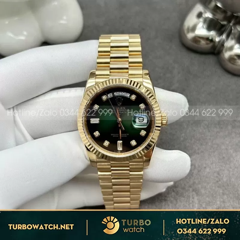 Đồng Hồ Rolex Day-Date 128238 Chế Tác Mặt Xanh Ombre Bọc Vàng 18k 36mm