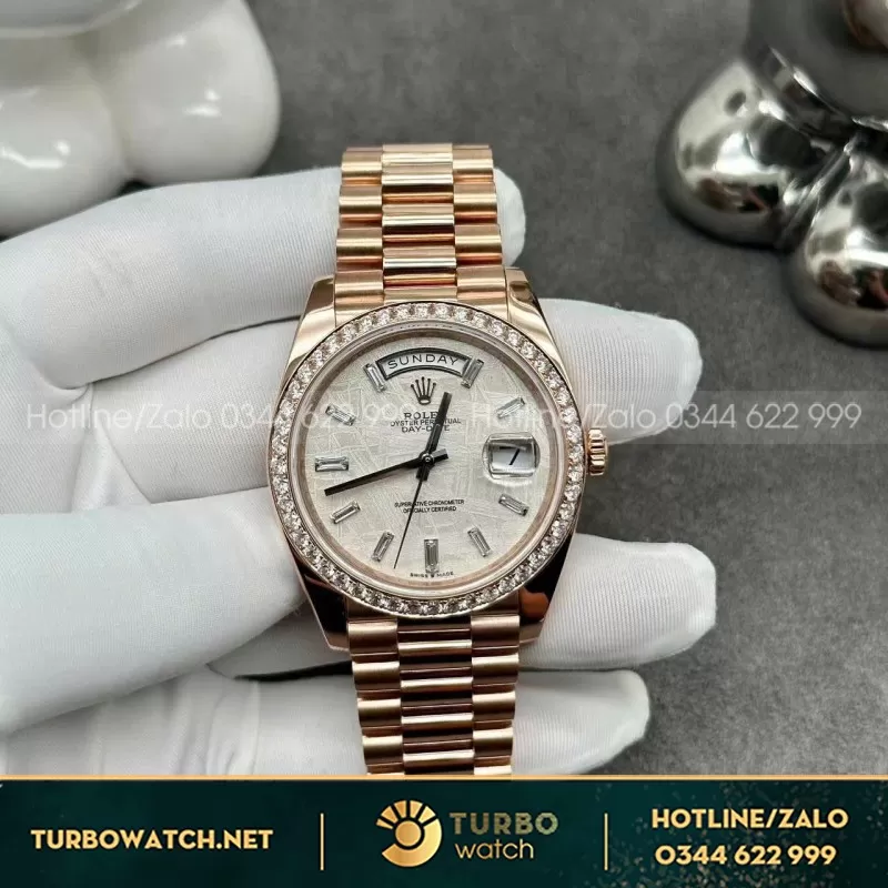 Đồng Hồ Rolex Day-Date Chế Tác Bọc Vàng Hồng 18K + Kim Cương Thiên Nhiên 40mm