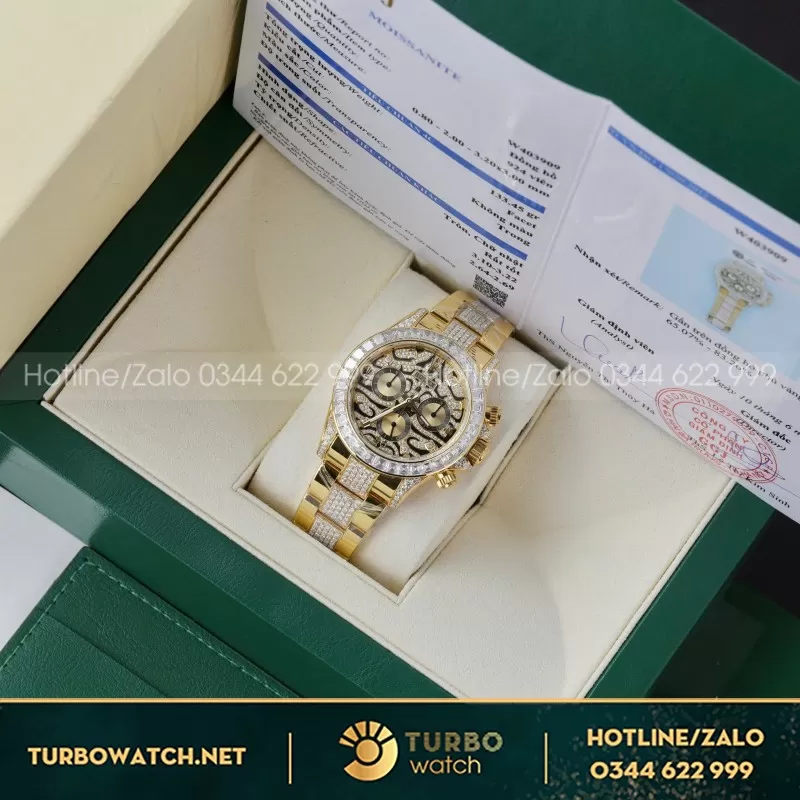 Đồng Hồ Rolex Daytona Chế Tác Bọc Vàng Độ Moisasnite Eye Of Tiger 40mm