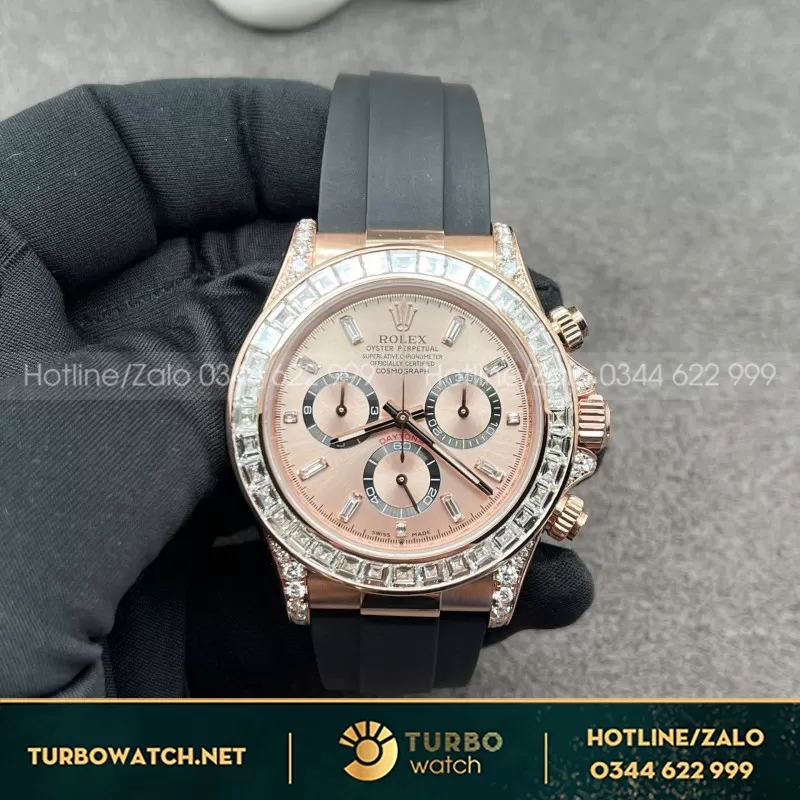 Đồng Hồ Rolex Daytona Mặt Thiên Thạch Chế Tác Bọc Vàng Thật + Đính Kim Cương Baguette 40mm