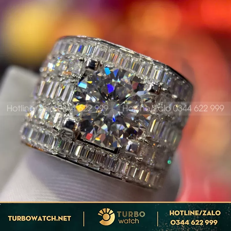 Nhẫn Nam Vàng Trắng Full Moissanite Baguette