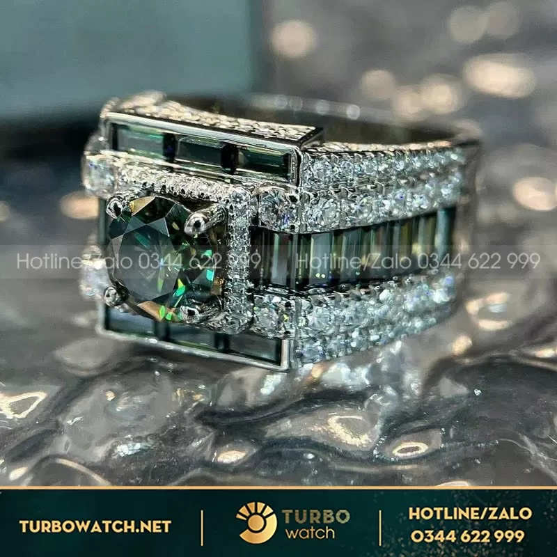 Nhẫn Nam Vàng Trắng Mix Moissanite Xanh Baguette