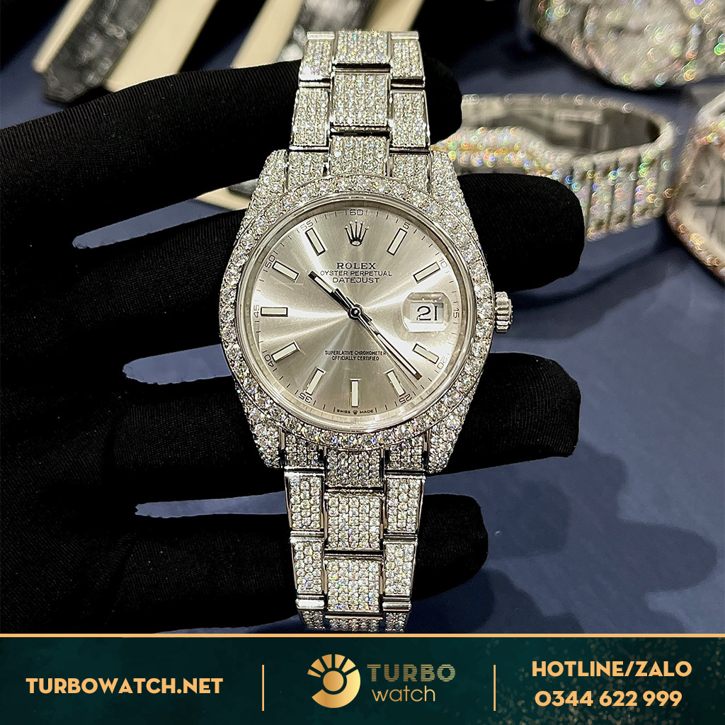 Rolex Datejust 41 126300 Mặt Số xám Dây Đeo Oyster Full Diamonds Moissanit