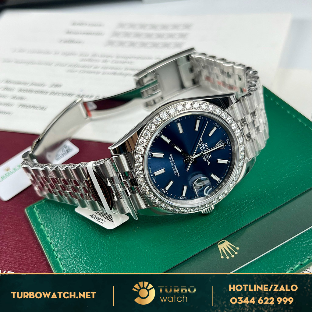 Rolex datejust 41mm blue dial cọc số dạng quang kim cương moissanitte