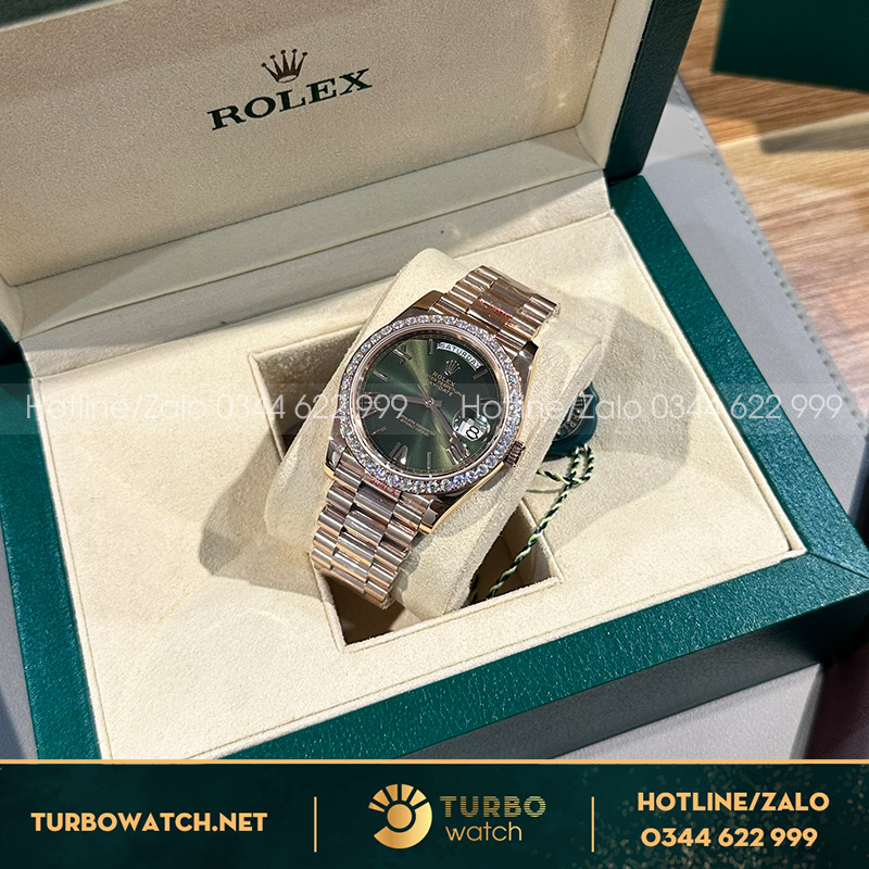 Rolex daydate rose gold vip 166g độ kim moissanite mặt xanh olive 40mm